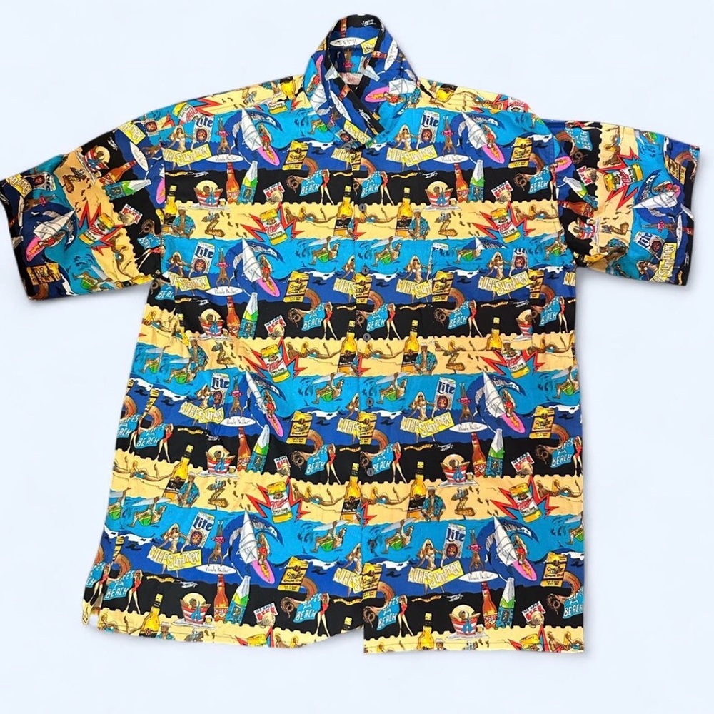 RARE Nicole Miller Vintage Tropical/Surf Print Short Sleeve Button-Up Shirt